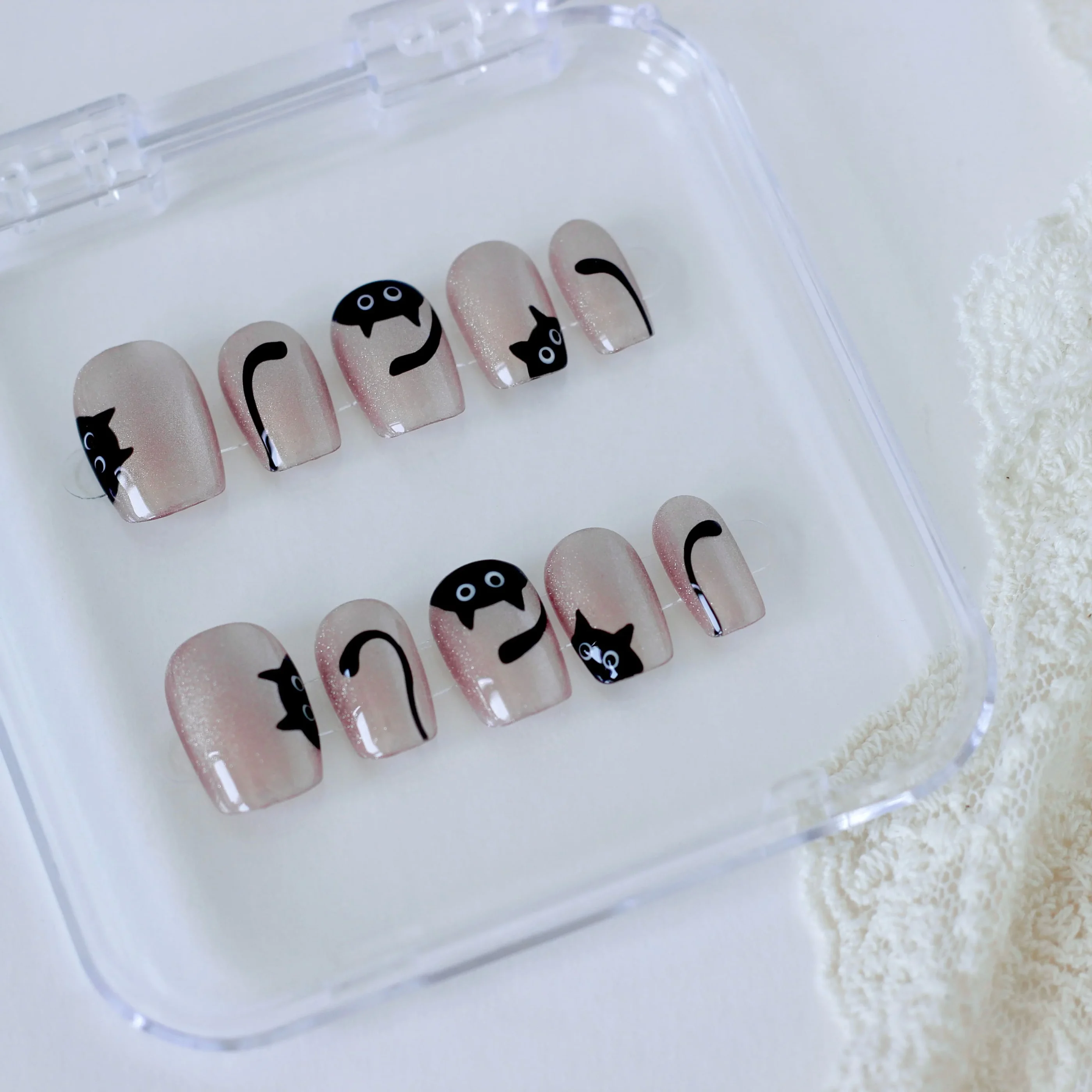 Cat eye rosa gato Uñas postizas press on para verano