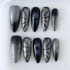 Mariposa cat eye negro-1 Uñas postizas press on negras con mariposas, brillo.
